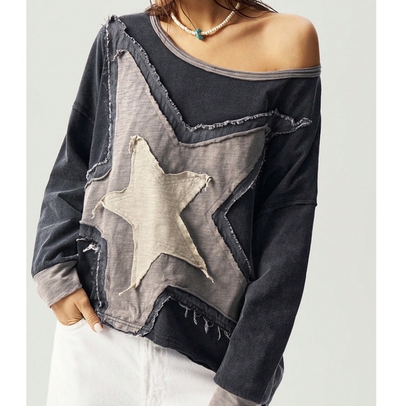 Charcoal Star patch Frayed Loose Fit  Long Sleeve Top - Picture 3 of 6